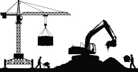 Construction site silhouette with tower crane lifting cargo and heavy excavator digging soil plus professional workers on white background vector © Shahanaj