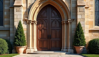 Large wooden doors with arched stone framing on historic building exterior. Two evergreen trees in pots flank the entrance. Sunlight highlights stone facade details and entry.
