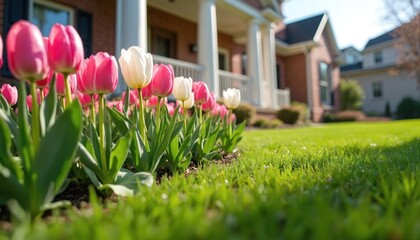 Pink, white tulips bloom in front of suburban home with manicured green lawn. Springtime sunshine bathes residential property, new growth, landscaping. Peaceful neighborhood setting with lovely © Viktor