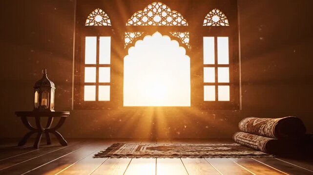 Golden sunrise through ornate Islamic arch window in serene prayer interior.