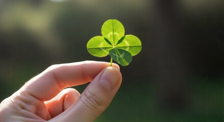 Hand Holding Four Leaf Clover Against Blurred Nature Background for Luck Concept