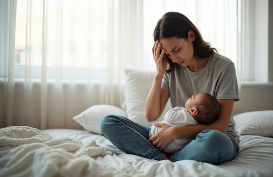 Exhausted young mother holds sleeping infant on bed. Woman rubs temple looking stressed due to postnatal depression symptoms and lack of sleep. Mental health struggle affects new moms.