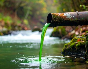 A rusty pipe discharges green liquid into a serene natural waterway