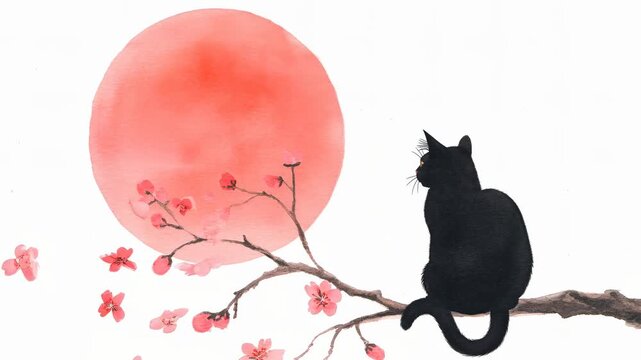 Black cat sitting on a branch with pink cherry blossoms and a red moon in a traditional Japanese art style.