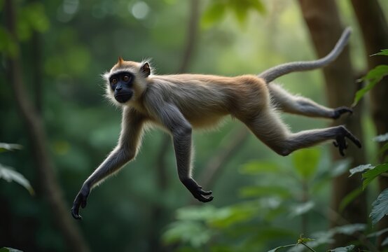 Grey langur monkey mid jump through lush green jungle canopy. Primate swings between branches in tropical forest habitat. Wild animal in motion during daytime in natural environment.