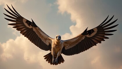 Obraz premium Cape vulture soars high with wings spread wide against cloudy sky during golden hour. Majestic bird of prey hunts for carrion, gliding on air currents. Imposing silhouette visible from afar.