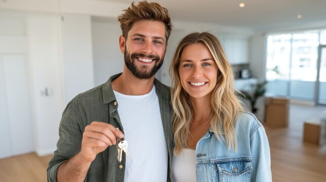 Young couple smiling and holding house keys inside a modern apartment with wooden flooring and moving boxes in the background, showcasing a new home