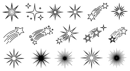 Collection of Star Icons and Shooting Stars, Twinkling Stars, Sparkle and Shine Symbols