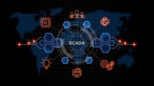 Scada Business, Technology, Internet and network concept. virtual screen of the future and sees the inscription: on world map background. 4k animation