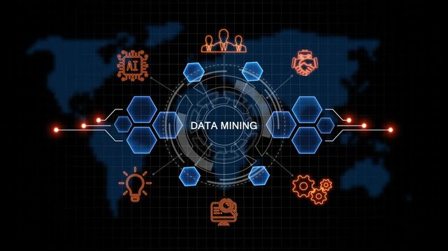 data mining Business, Technology, Internet and network concept. virtual screen of the future and sees the inscription: on world map background. 4k animation