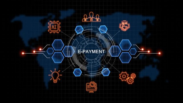 e-payment Business, Technology, Internet and network concept. virtual screen of the future and sees the inscription: on world map background. 4k animation