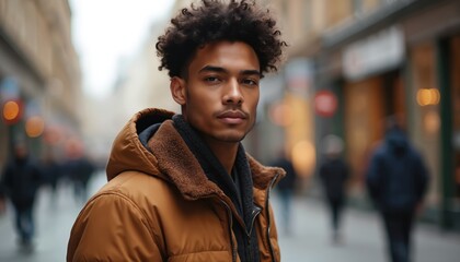 Fototapeta premium Handsome man with curly dark hair wears brown jacket. He looks at the camera on a city street. Blurred background shows people walking and buildings with lights.