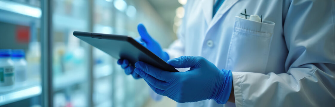 Scientist in blue gloves holds tablet near shelves with bottles in laboratory. Person wearing lab coat checks inventory or medical supplies. Focused worker uses tech for research. Science, medicine.