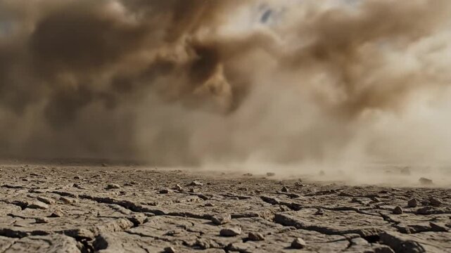 Massive Sandstorm Clouds Over Arid Cracked Earth, Desert Landscape