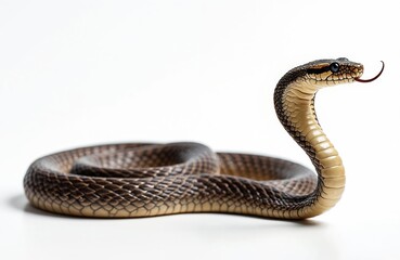 Obraz premium Javan spitting cobra snake raises head with forked tongue flicking. Reptile coiled body on white background. Dangerous wild animal portrait isolated. Reptilian creature ready to strike.