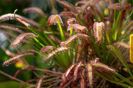 Close up of drosera capensis with sticky dew droplets on carnivorous leaves growing in a pot showing natural insect trapping texture