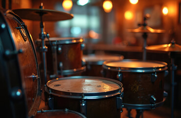 Obraz premium Acoustic drum set with cymbals in low light. Percussion instruments ready for performance. Musicians practice rhythm, create music. Live concert stage setup.