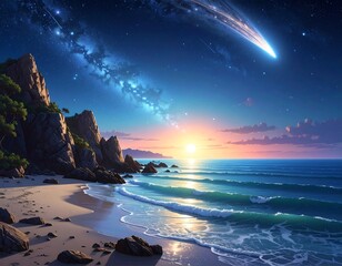 A serene beach at sunset with vibrant sky and celestial body