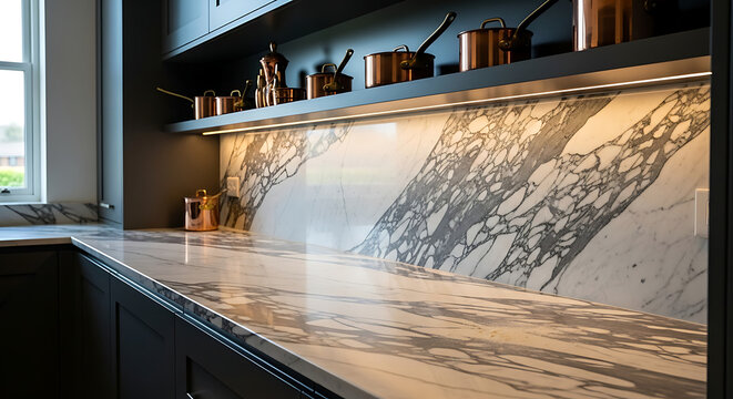 Luxurious Marble Countertop and Backsplash in Modern Kitchen.