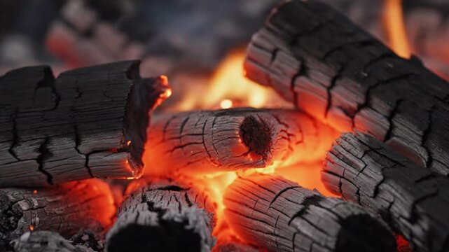 A mesmerizing close-up of smoldering charcoal or burning wood embers, radiating intense heat and a vibrant interplay of orange and red glow. The dark, textured surfaces of the carbonized material are 