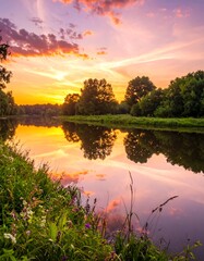 A serene landscape with a sunset over a calm body of water