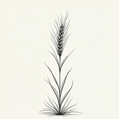 Fototapeta premium Minimalist outline of a single oat spikelet with thin stalk and leaves against off white background. Simple graphic, elegant botanical line art for natural food or agriculture concepts.