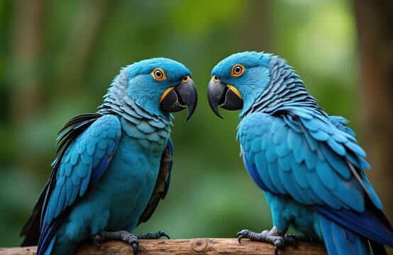 Two bright blue hyacinth macaws sit close together on a tree branch. Their large black beaks and yellow facial skin are prominent. These exotic birds have vibrant feathers and intense eyes.