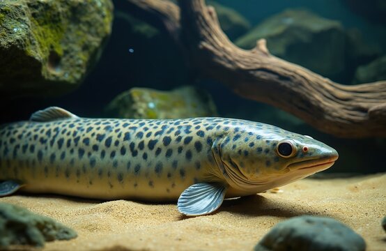 Marbled lungfish with spotted pattern rests on sandy bottom near rocks and driftwood. Unique African fish swims in aquarium habitat. Aquatic life, rare species biology study.