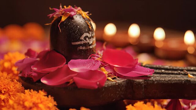 Shivling covered in rose petals and flowers Mahashivratri puja ritual