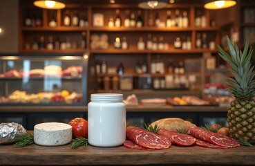 Fototapeta premium White jar sits on deli counter with sliced meats, cheese, tomato, pineapple. Shelves with bottles and food display in background. Culinary shop ambiance.