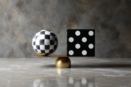 3D rendering of checkered sphere and polka dot cube balancing on golden scale