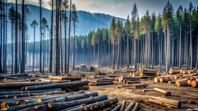 A Serene Forest Landscape Transformed  Rows of felled timber contrast with the standing trees, creating a poignant scene of resource extraction and environmental impact.