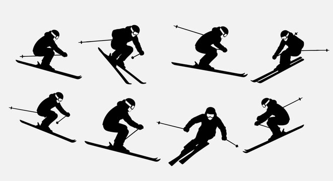 Silhouette Skiers in Various Dynamic Poses on Snowy Slopes, Action Sports Illustration