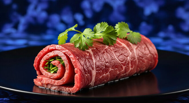 Freshly prepared beef roulade served on a black plate, decorated with green herbs