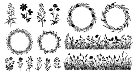 Obraz premium Collection of Silhouettes of Wildflowers, Herbs and Floral Wreaths on White