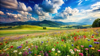 Fototapeta premium Vibrant Wildflower Meadow Under a Sky Full of Puffy Clouds, Rolling Hills in the Distance, a Pastoral Scene of Tranquil Beauty