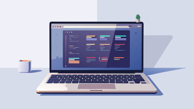 Modern laptop on clean desk displaying abstract programming interface, professional developer workspace, soft daylight, realistic textures, minimal technology concept.
