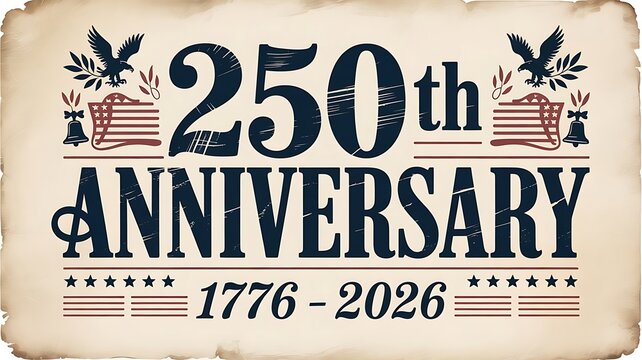 Vintage 250th anniversary USA commemorative poster inspired by 18th-century American heritage. Bold serif typography with slightly distressed ink texture. &ldquo;250th Anniversary,created with generative ai