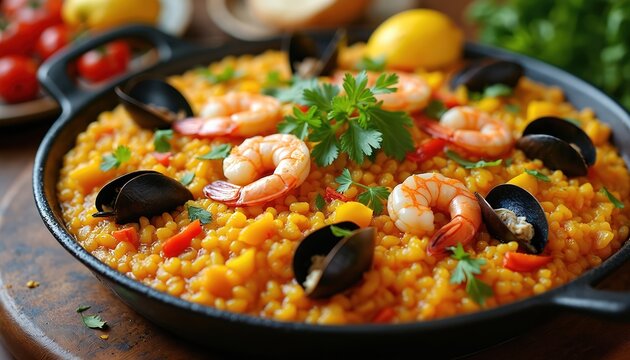 Large paella pan filled with seafood rice dish. Prawns and mussels top vibrant yellow saffron rice with red peppers. Garnish of parsley adds fresh green accent.