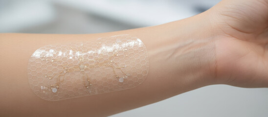 Naklejka premium Medical technology patch applied on arm skin for health care treatment