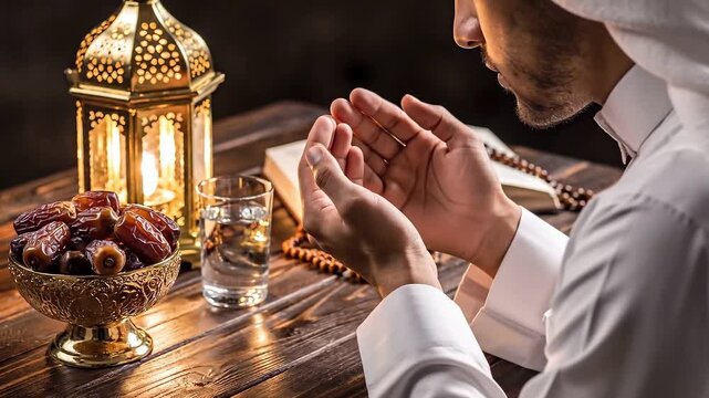 Muslim man in white thobe sitting at a wooden table and making dua prayer with hands raised near a golden lantern and a bowl of dates for Ramadan
