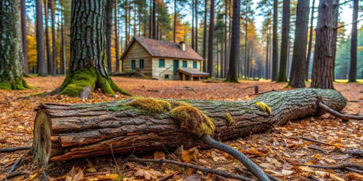 Autumnal woodland scene showcasing a fallen log draped in vibrant moss, with a rustic cabin nestled in the background amidst a backdrop of tall trees displaying the warm hues of fall foliage.