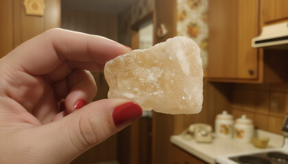 Human Hand Holding Broken Himalayan Salt Stone Close Up
