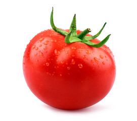 Fresh tomato with water droplets isolated on white.