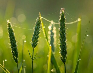 A serene close-up of dewy green wheat stalks in a lush field