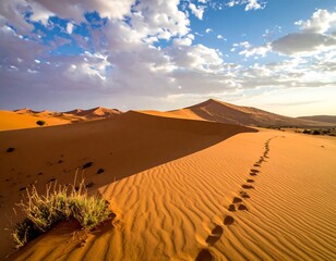 A serene desert landscape with sand dunes and sparse vegetation