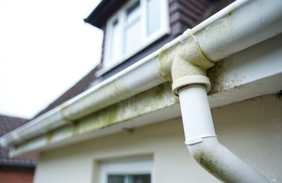 White plastic house gutters and drain pipes are dirty with green mould. Blocked downspout needs cleaning and regular maintenance for proper water flow.