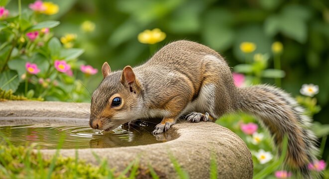 Squirrel drinking water from birdbath surrounded by colorful flowers  