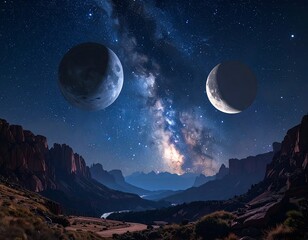 A serene desert landscape with two moons and a starry night sky
