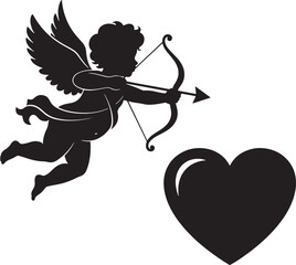 Fototapeta premium Black silhouette of cupid with bow and arrow shooting heart